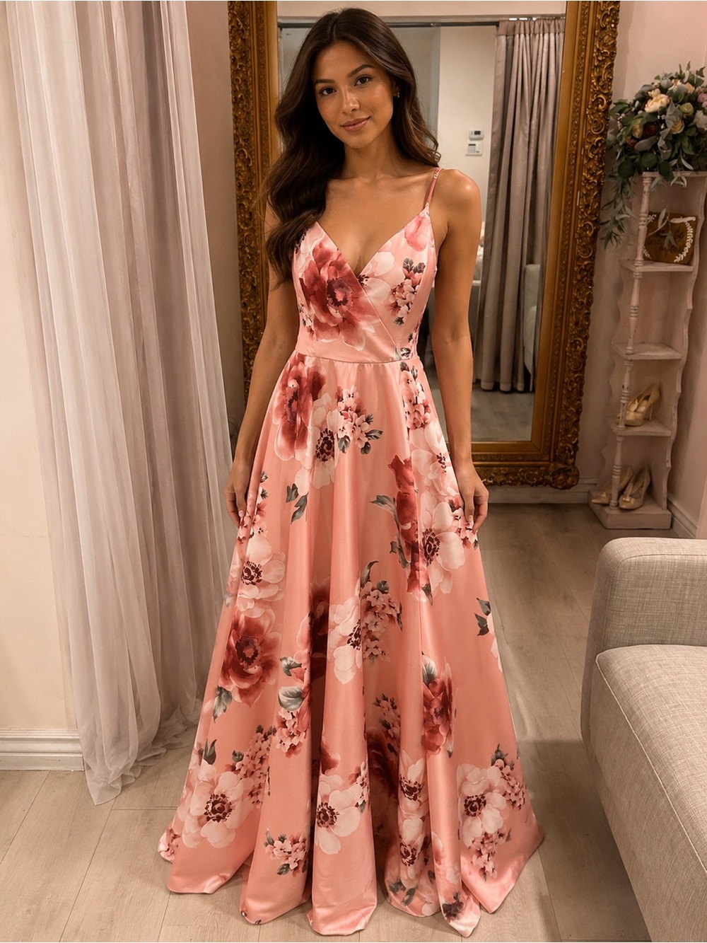 Windsor Pink Floral Satin Spaghetti-Strap Prom Dress